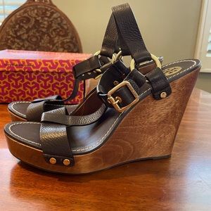 Tory Burch Brown Leather Wooden Wedge Heels